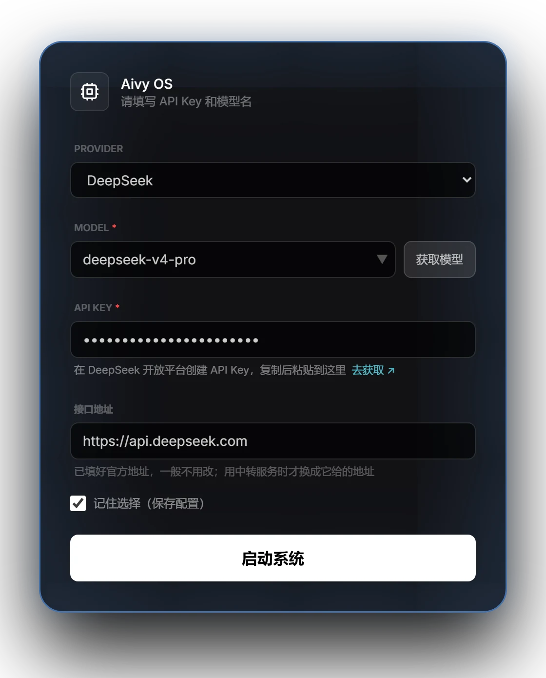 启动配置：选好厂商后，API Key 输入框下面写着去哪里获取，模型框右边有「获取模型」